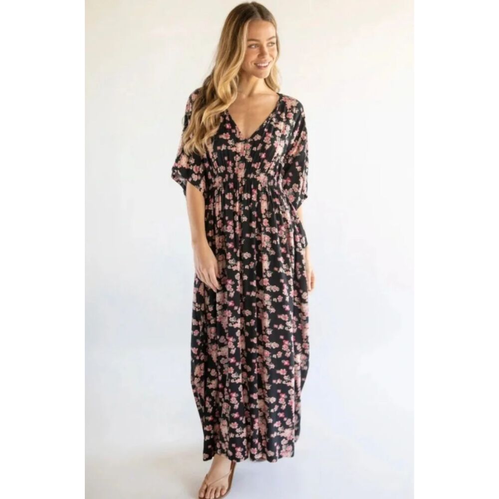Natural Life Sanibel Kaftan Smocked Waist Black Pink Floral Boho Maxi Dress M